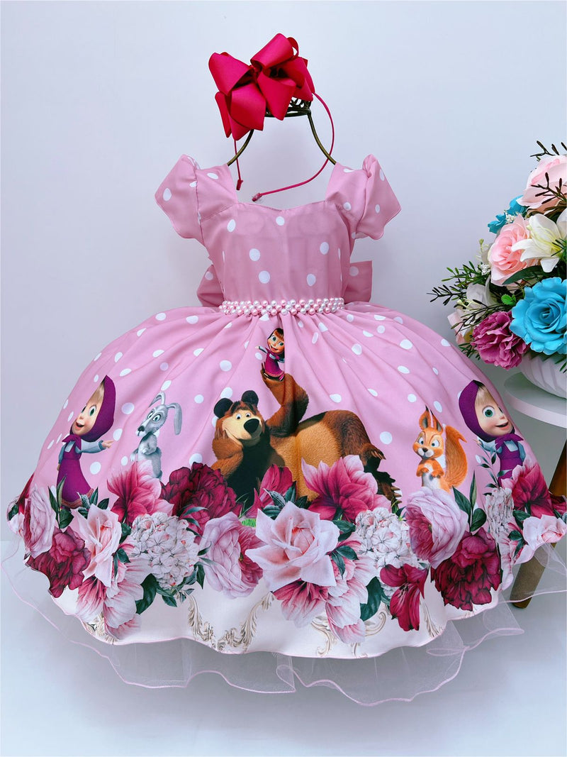 Vestido Infantil Masha e o Urso Rosa Bolinhas Brancas Luxo