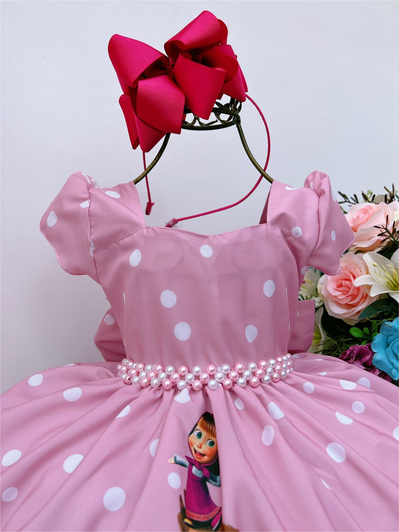 Vestido Infantil Masha e o Urso Rosa Bolinhas Brancas Luxo