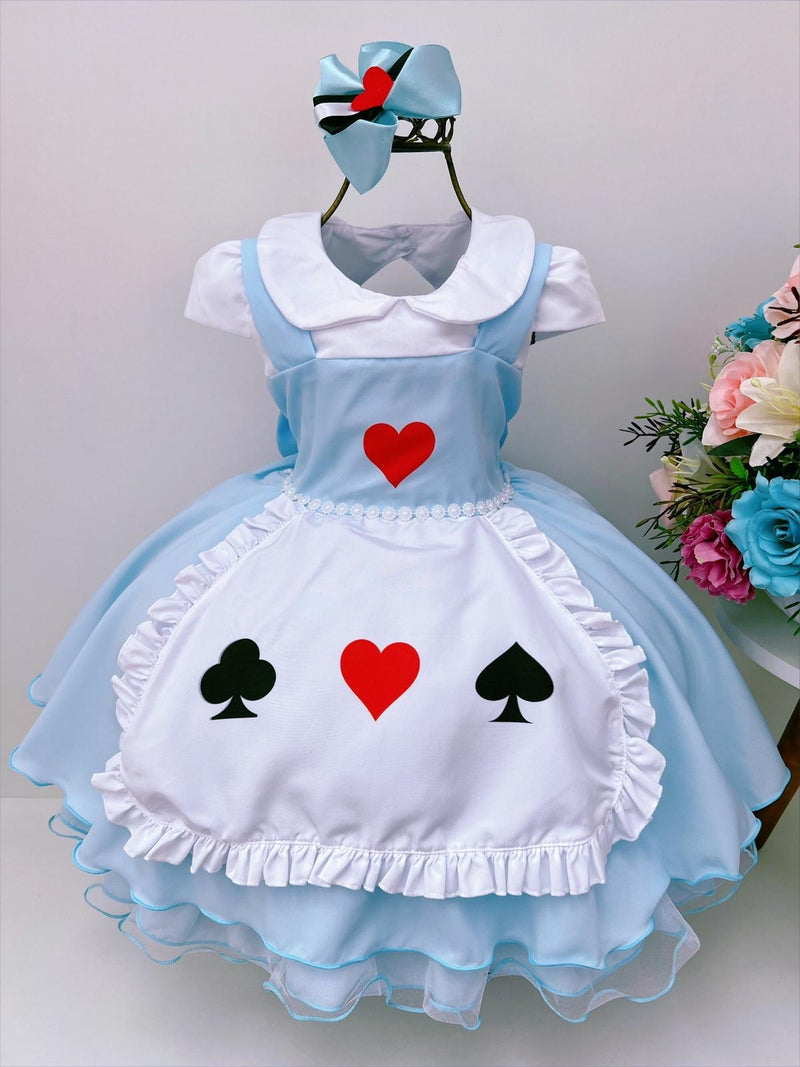 Vestido Infantil Alice no Pais das Maravilhas C/ Laço de Cabelo