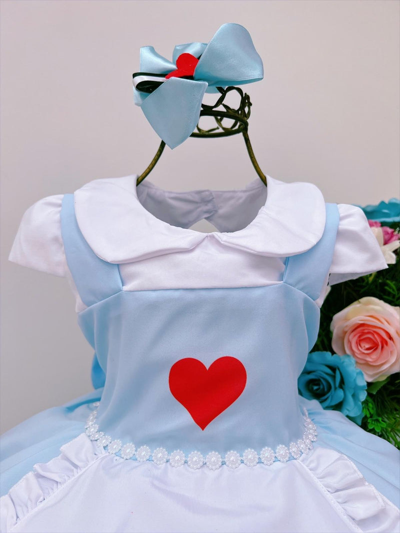 Vestido Infantil Alice no Pais das Maravilhas C/ Laço de Cabelo