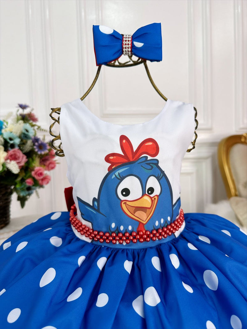 Vestido Infantil Galinha Pintadinha Azul e Vermelho Com Laço