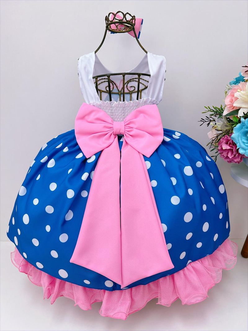 Vestido Infantil Galinha Pintadinha Azul Bolas Brancas Laço