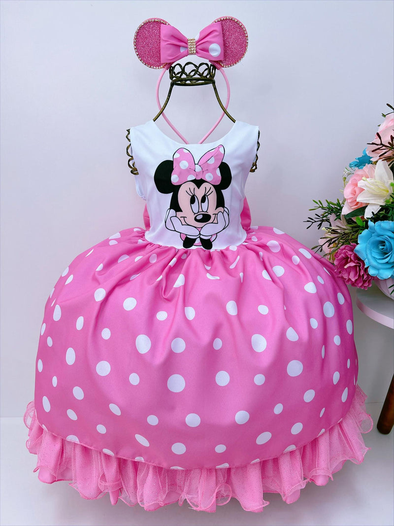 Vestido Infantil Minnie Rosa Luxo Bolas Brancas Com Tiara