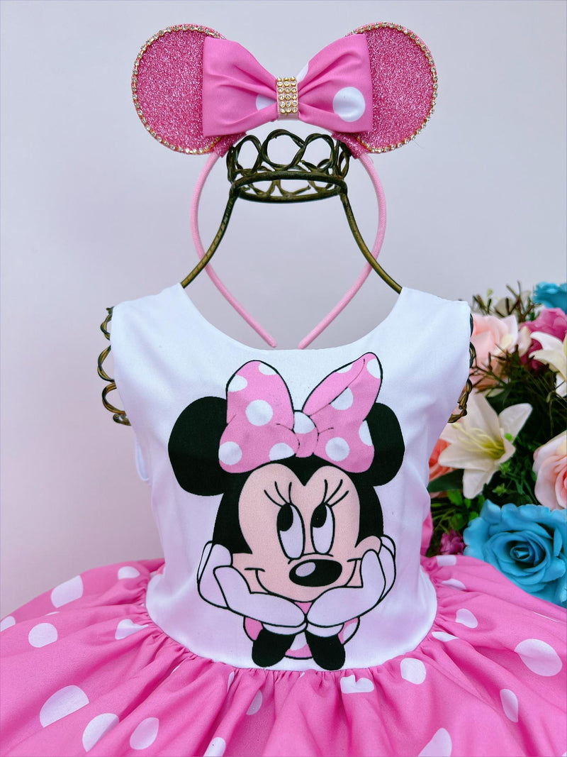 Vestido Infantil Minnie Rosa Luxo Bolas Brancas Com Tiara