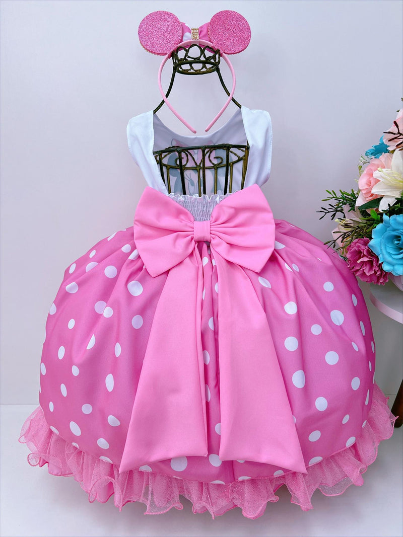 Vestido Infantil Minnie Rosa Luxo Bolas Brancas Com Tiara