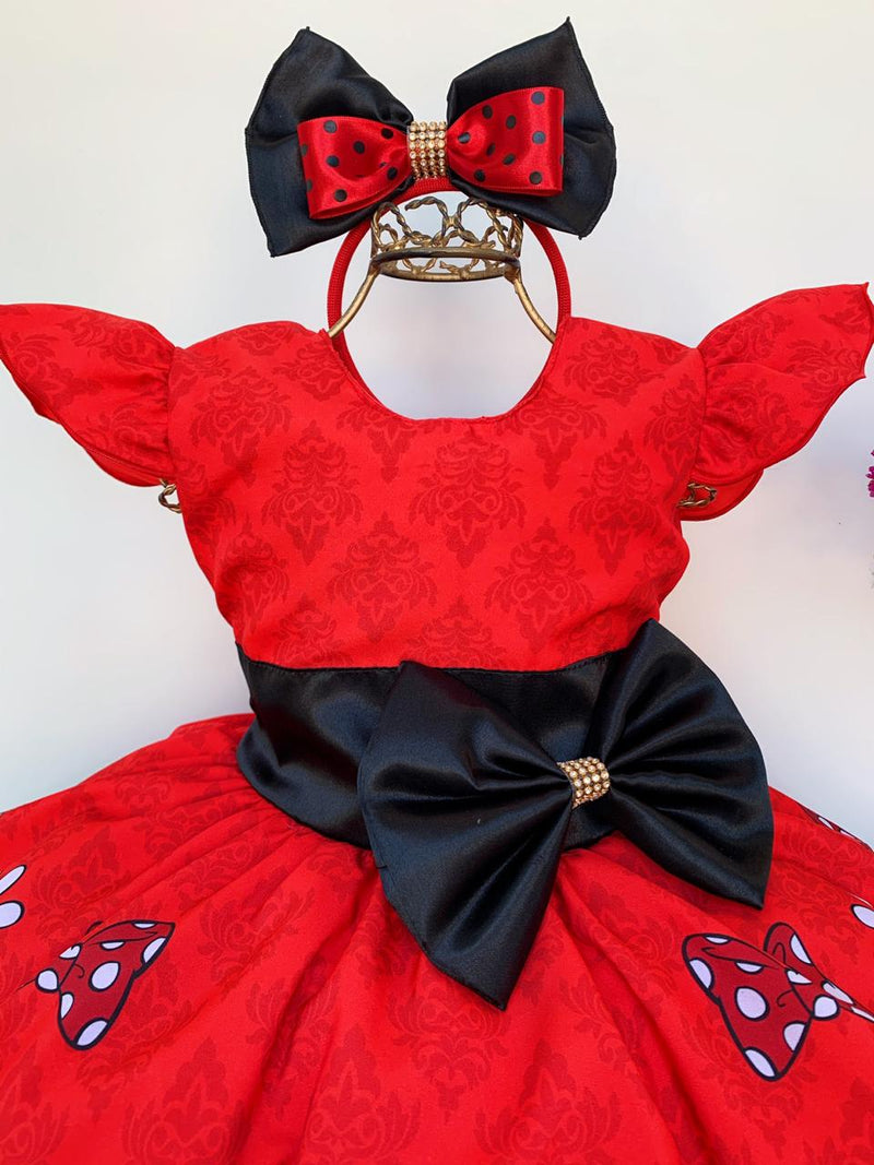 Vestido Infantil Minnie Vermelha Luxo Festas com Tiara