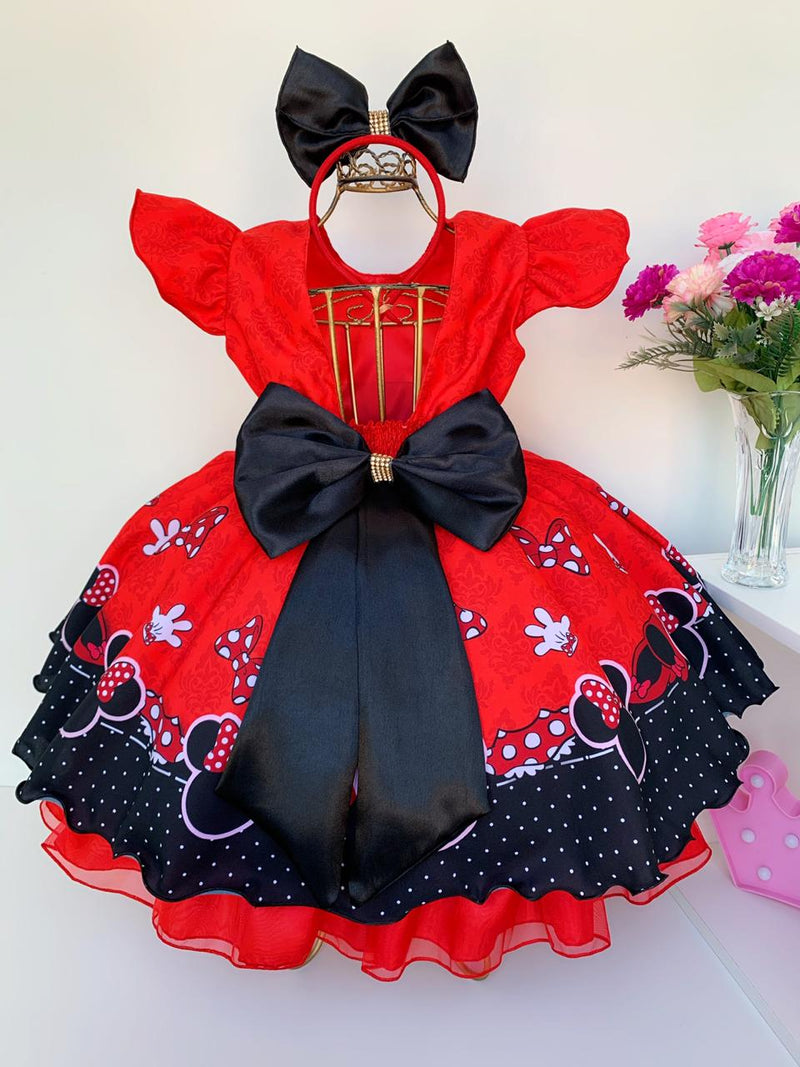 Vestido Infantil Minnie Vermelha Luxo Festas com Tiara