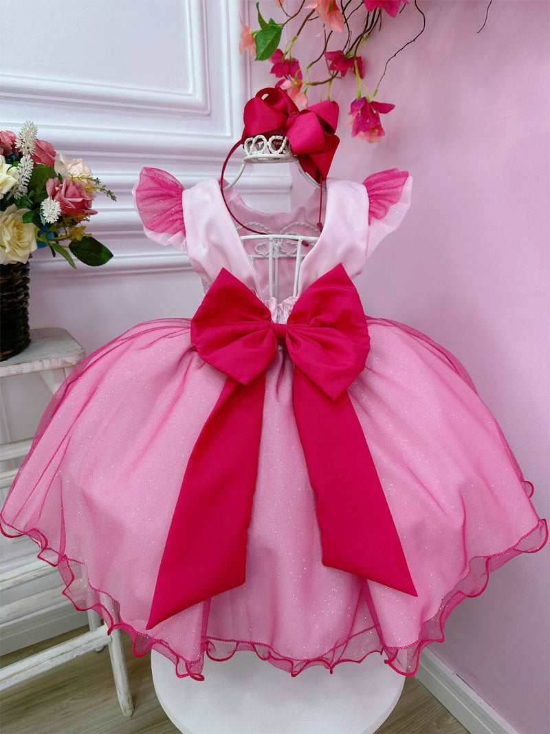 Vestido infantil Barbie Rosa Babados Glitter Brilho luxo