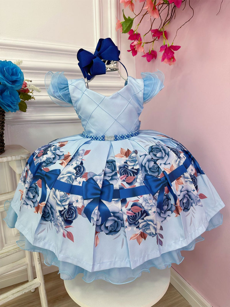 Vestido Infantil Azul Florido Busto Nervura Cinto de Pérolas