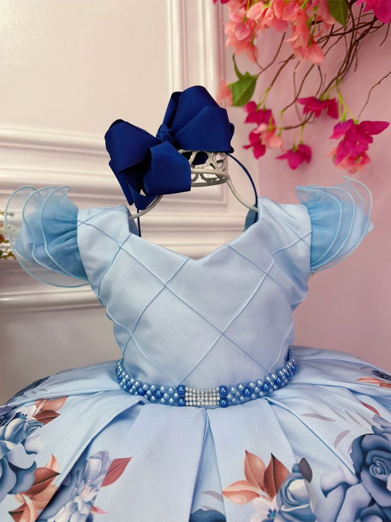 Vestido Infantil Azul Florido Busto Nervura Cinto de Pérolas