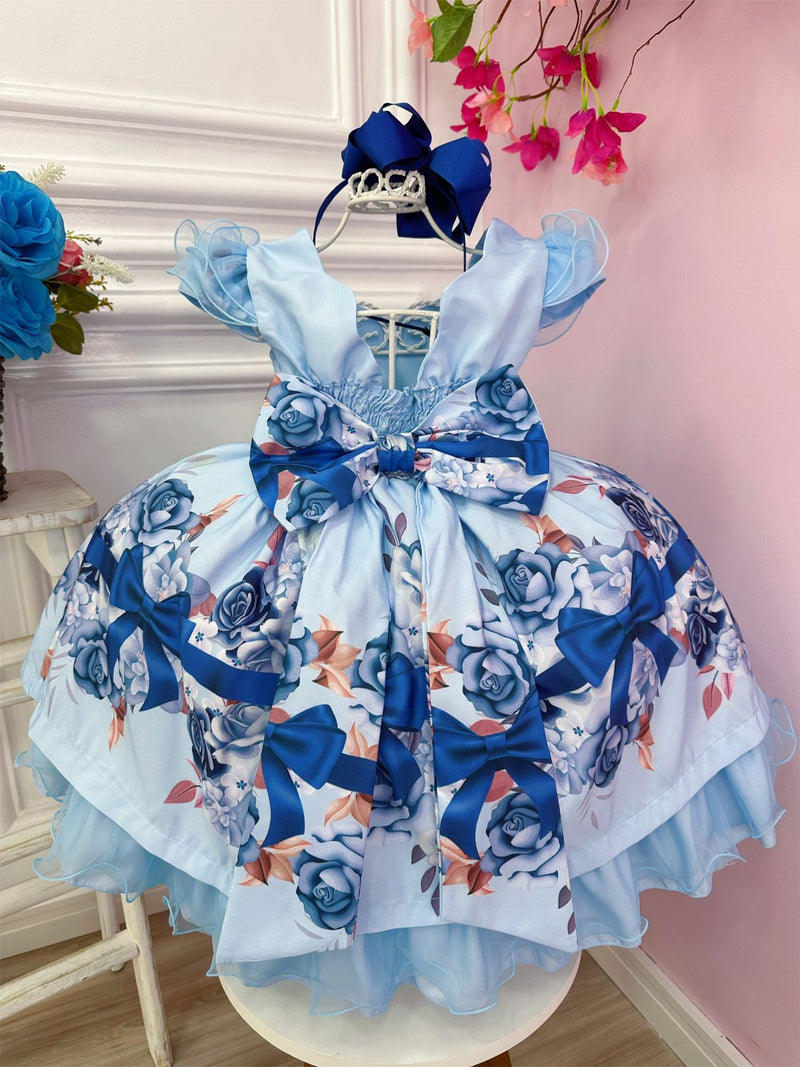 Vestido Infantil Azul Florido Busto Nervura Cinto de Pérolas