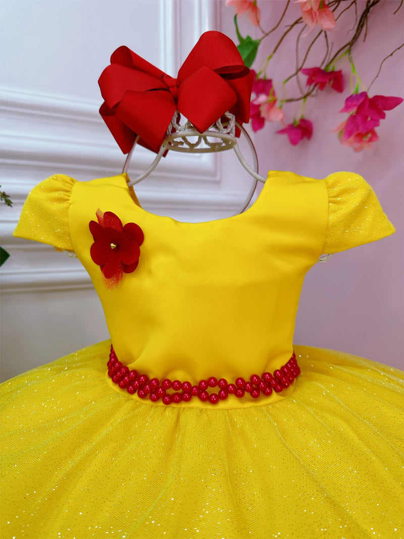 Vestido Infantil Bela e a Fera Saia Glitter e Aplique Flores