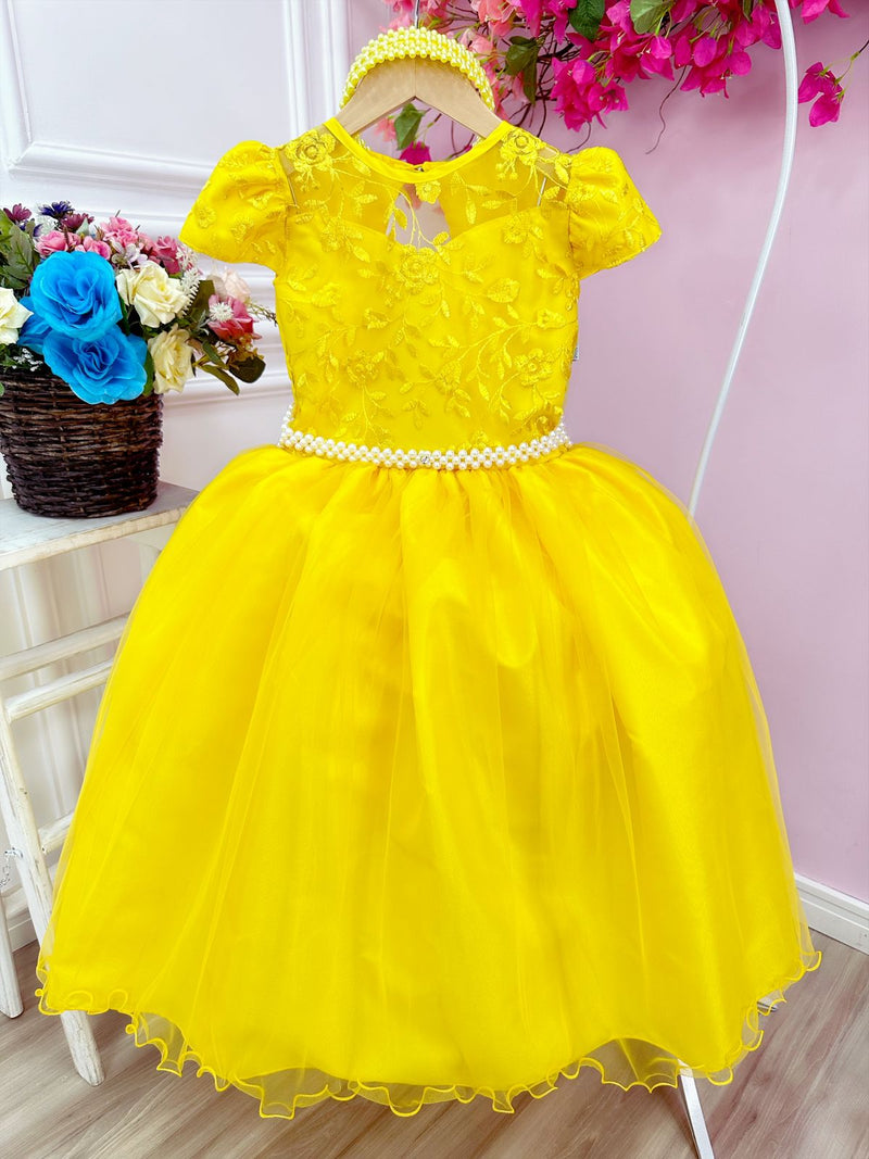 Vestido Infantil Damas Honra Casamento Amarelo Renda Pérola