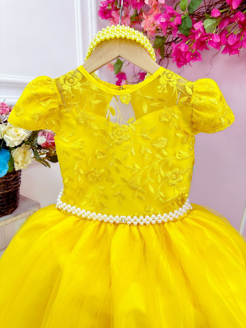 Vestido Infantil Damas Honra Casamento Amarelo Renda Pérola