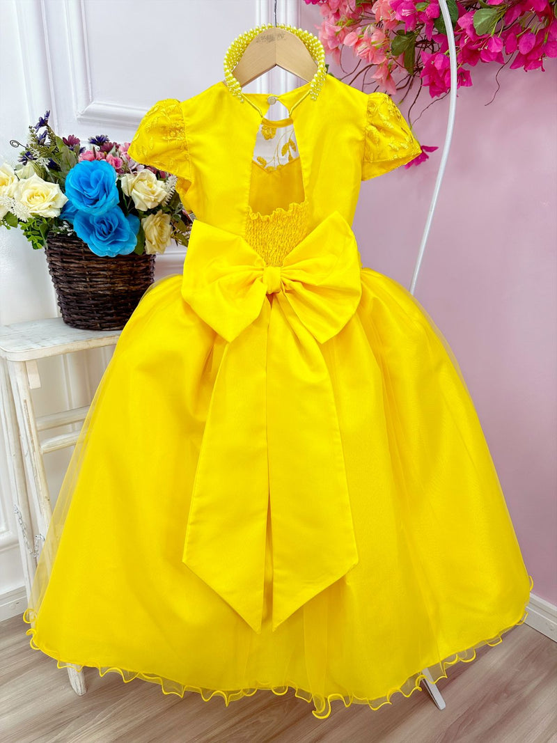 Vestido Infantil Damas Honra Casamento Amarelo Renda Pérola