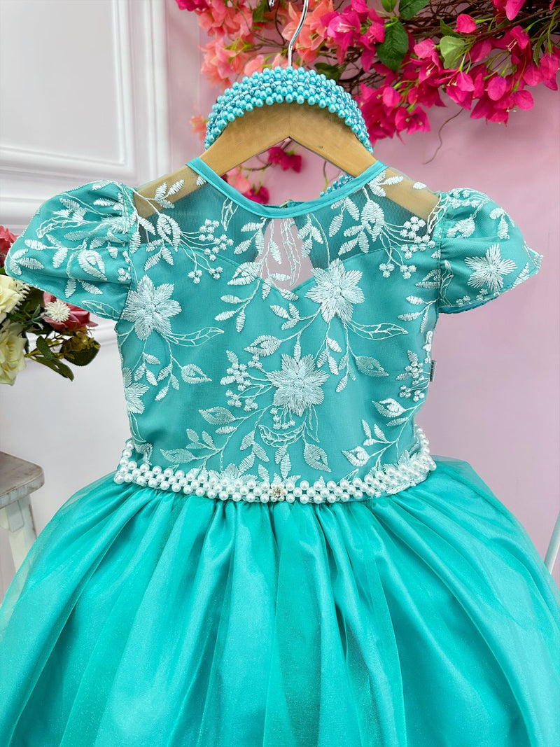 Vestido Infantil Damas Honra Casamento Verde C/ Renda Pérola