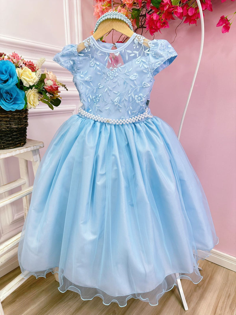 Vestido Infantil Damas Honra Casamento Azul C/ Renda Pérola