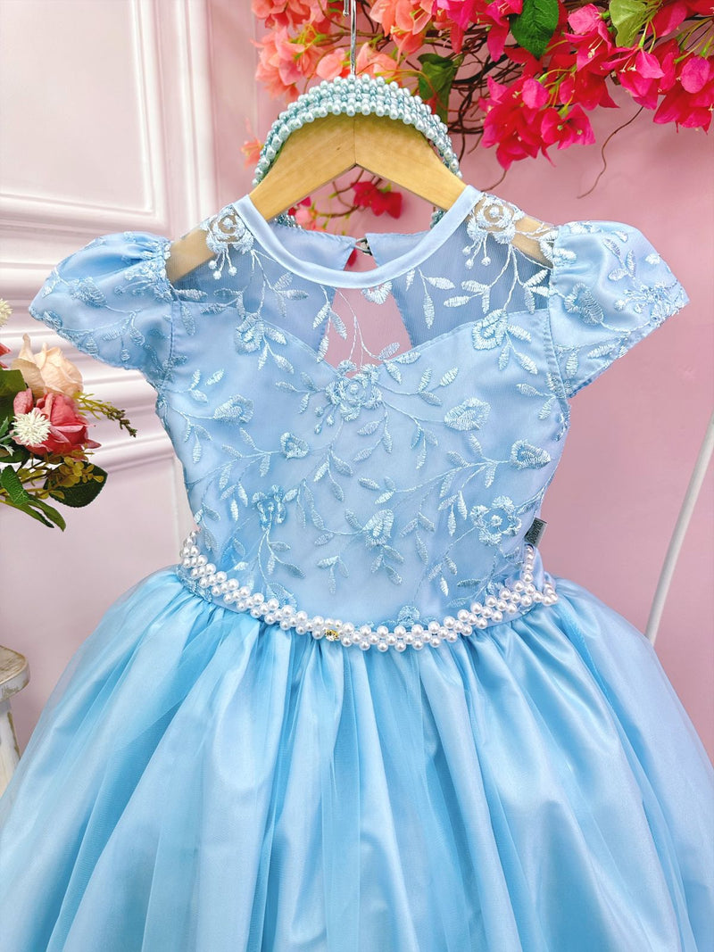 Vestido Infantil Damas Honra Casamento Azul C/ Renda Pérola