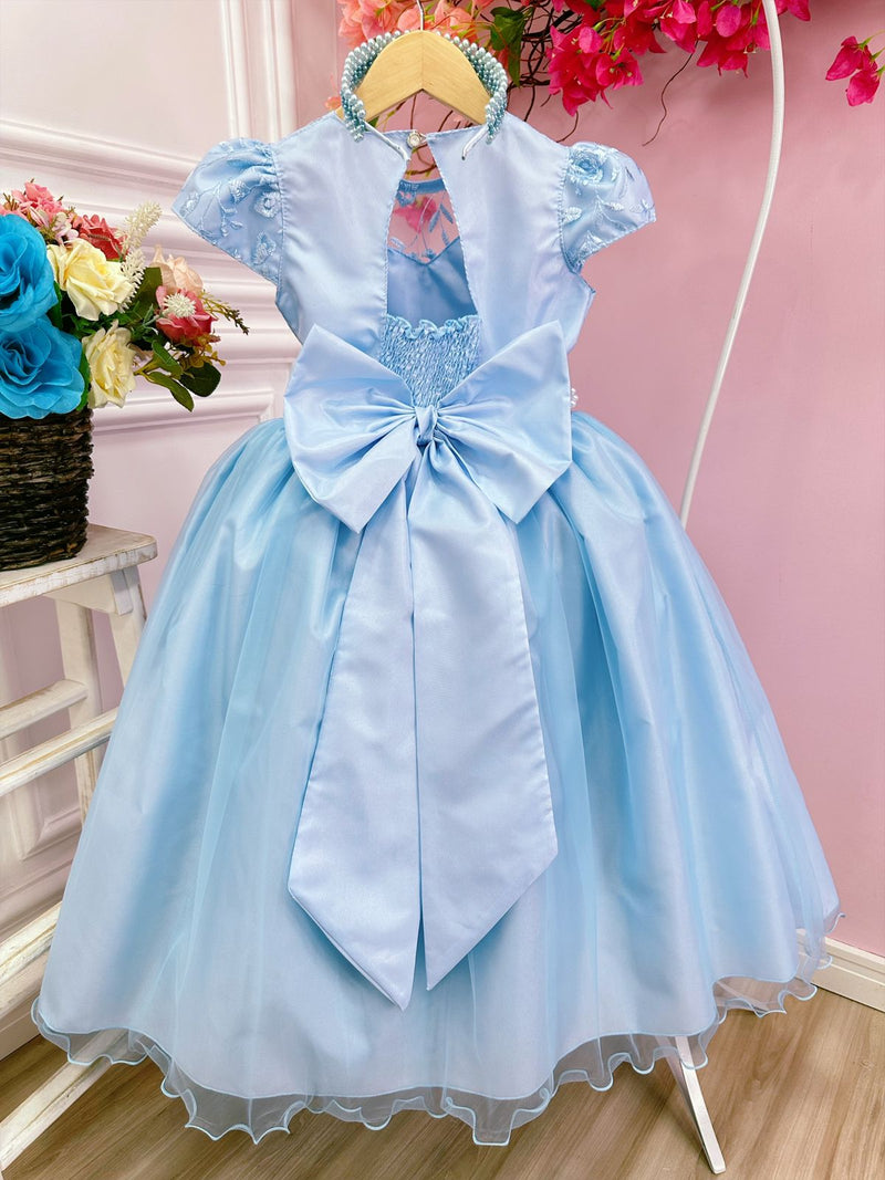 Vestido Infantil Damas Honra Casamento Azul C/ Renda Pérola