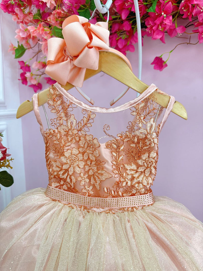 Vestido Infantil Salmão C/ Renda Realeza Metalizada Glitter