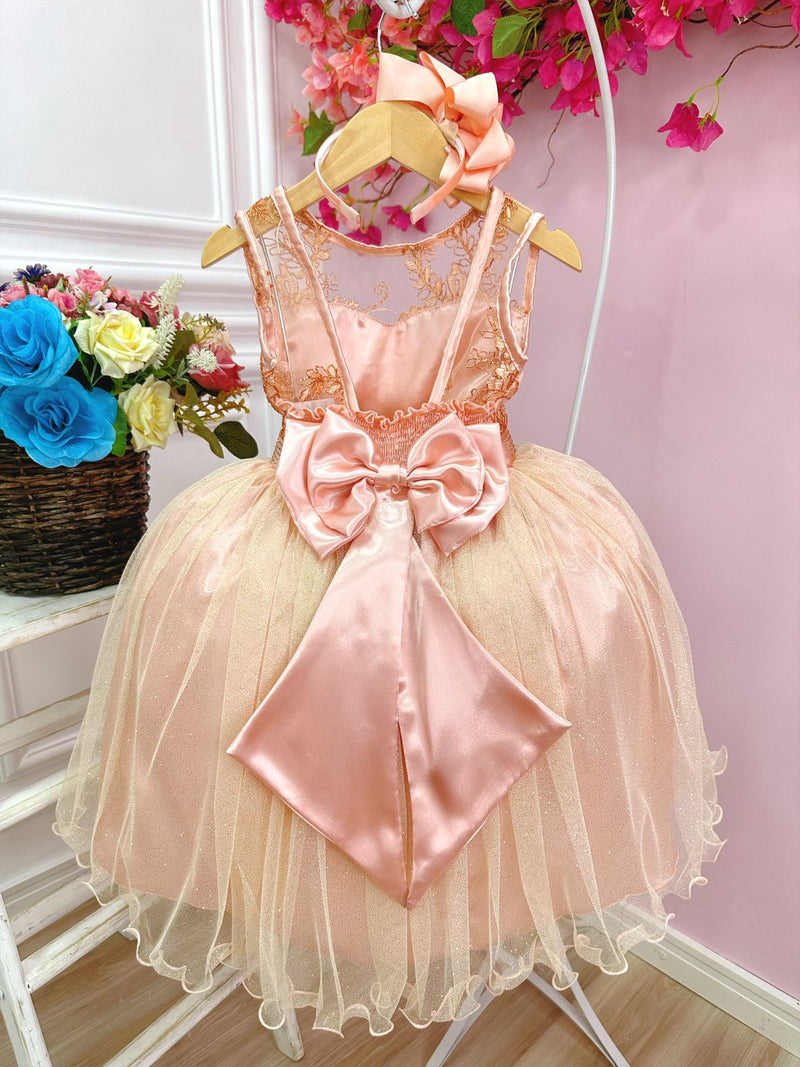 Vestido Infantil Salmão C/ Renda Realeza Metalizada Glitter