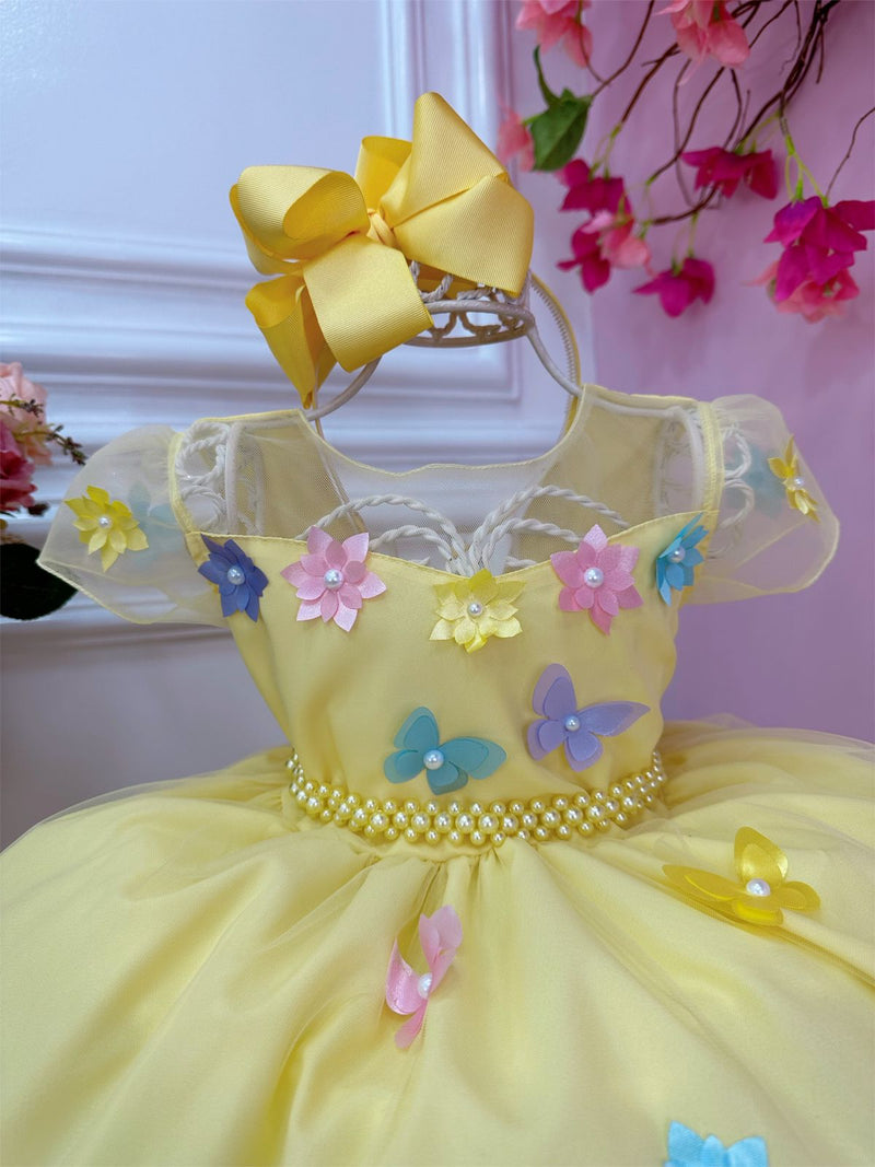 Vestido Infantil Amarelo Aplique Borboletas Flores Pérolas