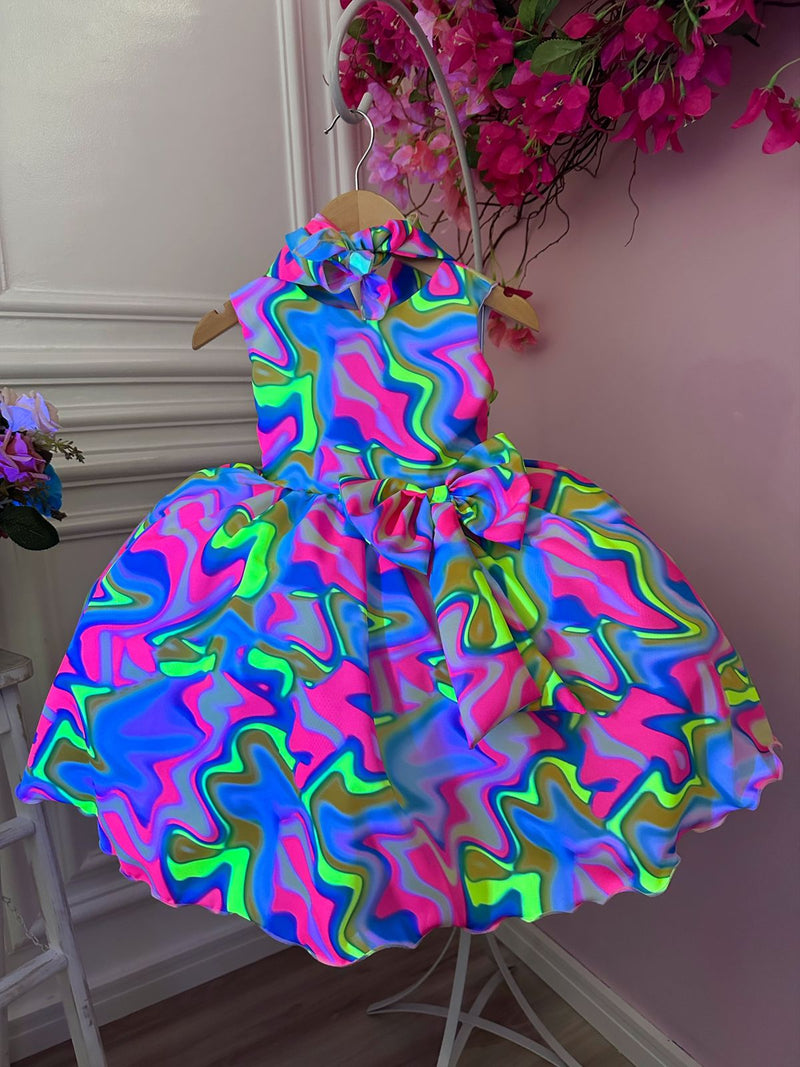 Vestido Infantil Barbie Colorido Neon C/ Broche de Laço