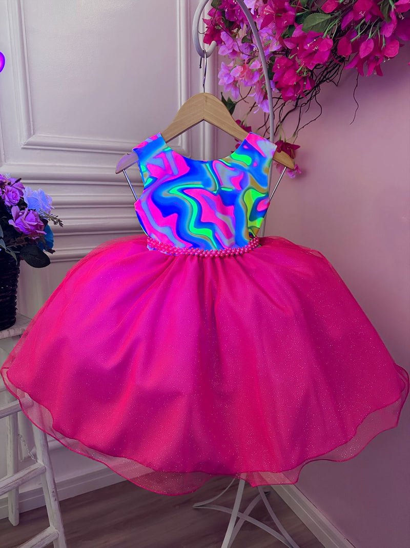 Vestido Infantil Barbie Colorido Neon Saia Rosa e Glitter