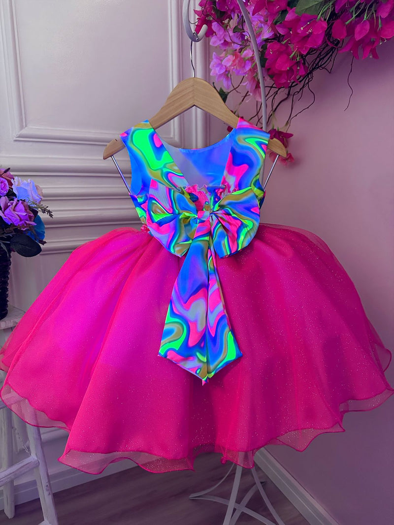 Vestido Infantil Barbie Colorido Neon Saia Rosa e Glitter