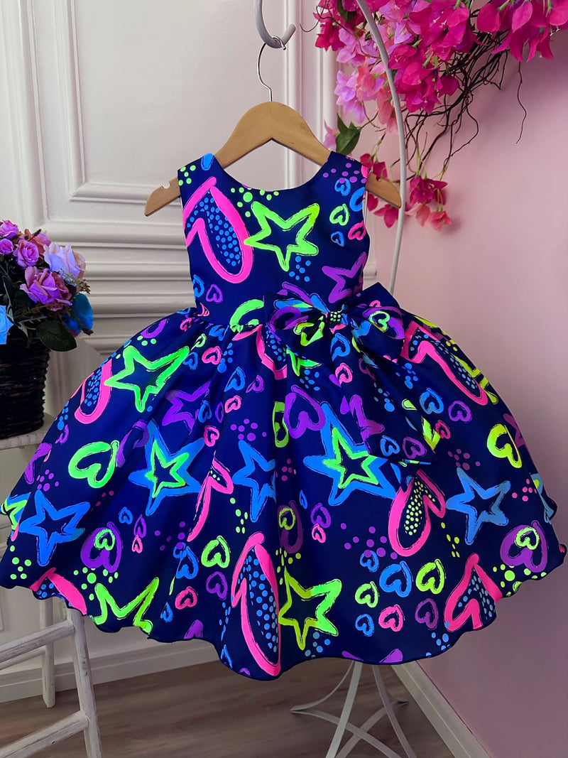 Vestido Infantil Barbie Azul Marinho Neon C/ Broche de Laço (1219AM)