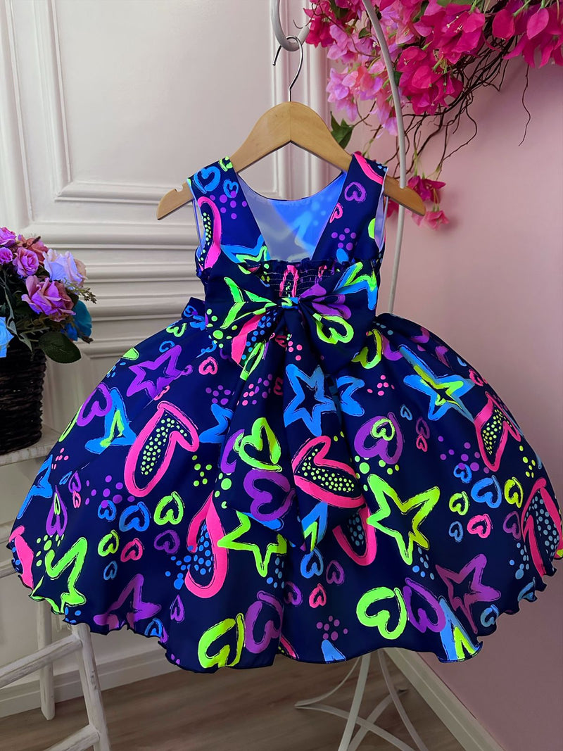 Vestido Infantil Barbie Azul Marinho Neon C/ Broche de Laço (1219AM)