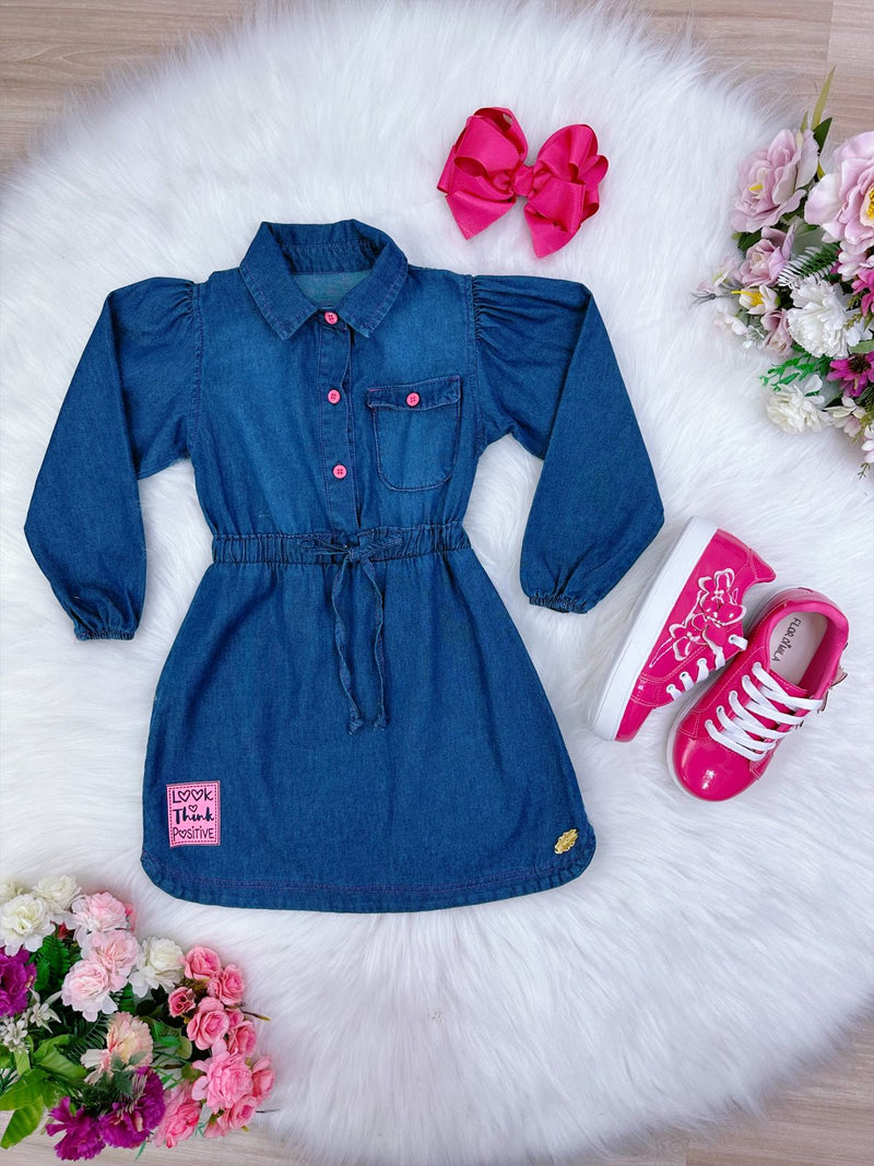 Vestido Infantil Jeans Com Manga Longa Look Think Positive