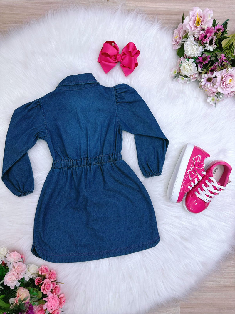 Vestido Infantil Jeans Com Manga Longa Look Think Positive