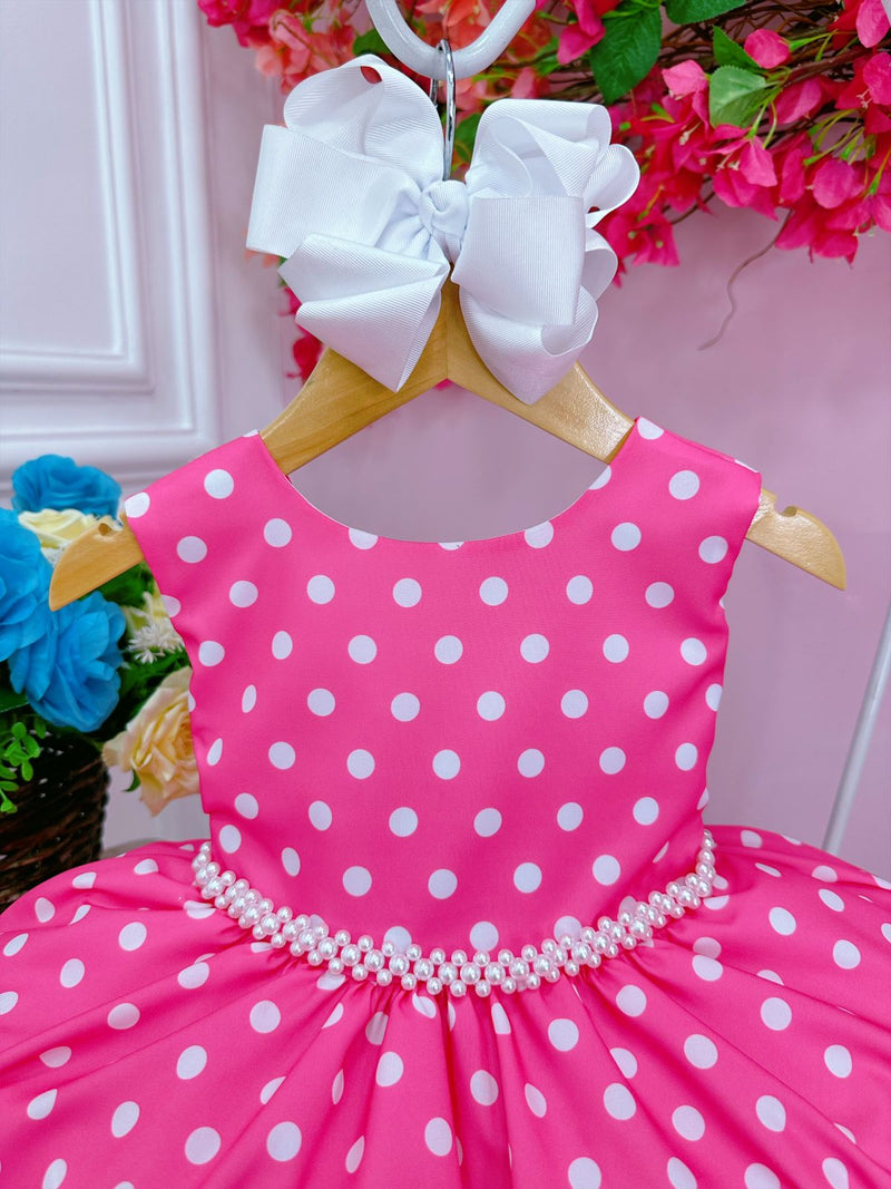 Vestido Infantil Barbie Rosa Chiclete C/ Bolinhas Brancas