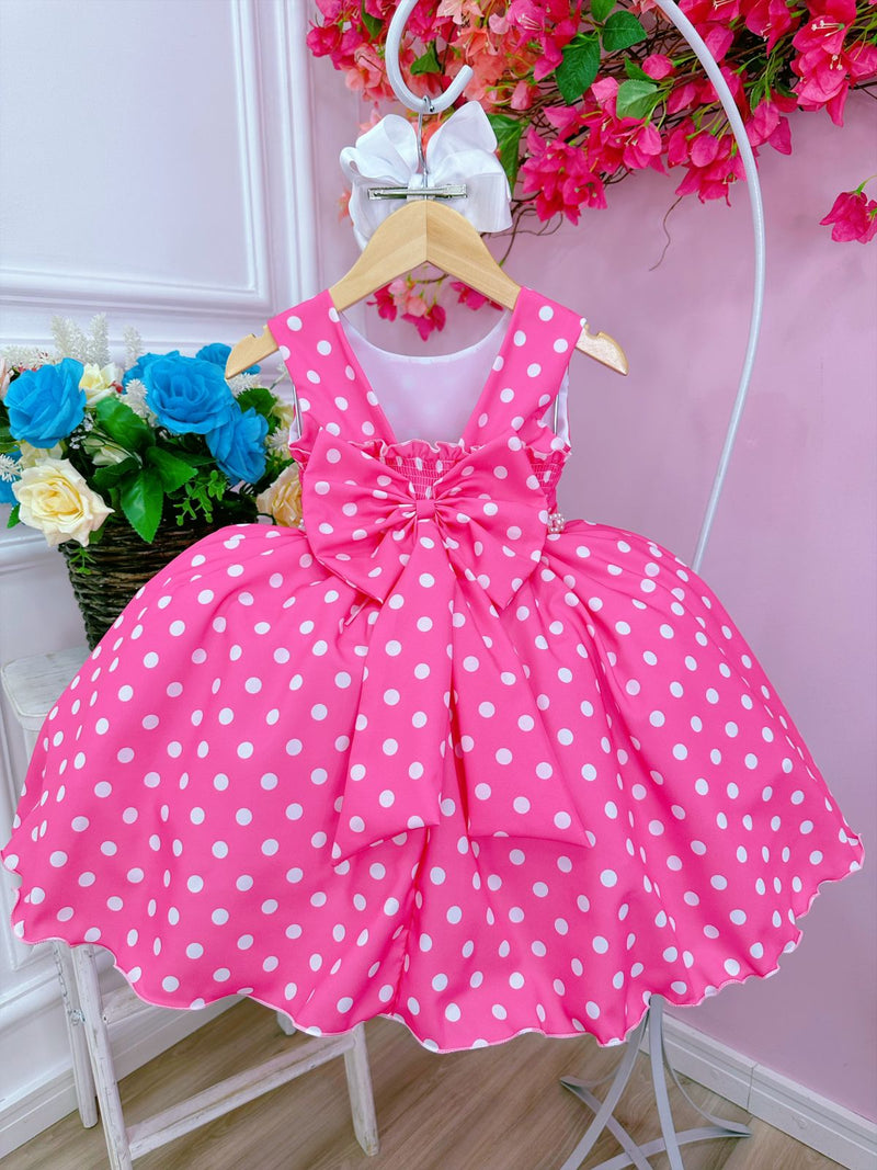 Vestido Infantil Barbie Rosa Chiclete C/ Bolinhas Brancas