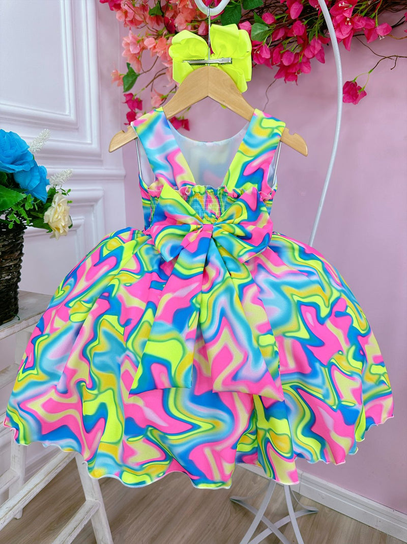 Vestido Infantil Barbie Colorido Neon C/ Broche de Laço