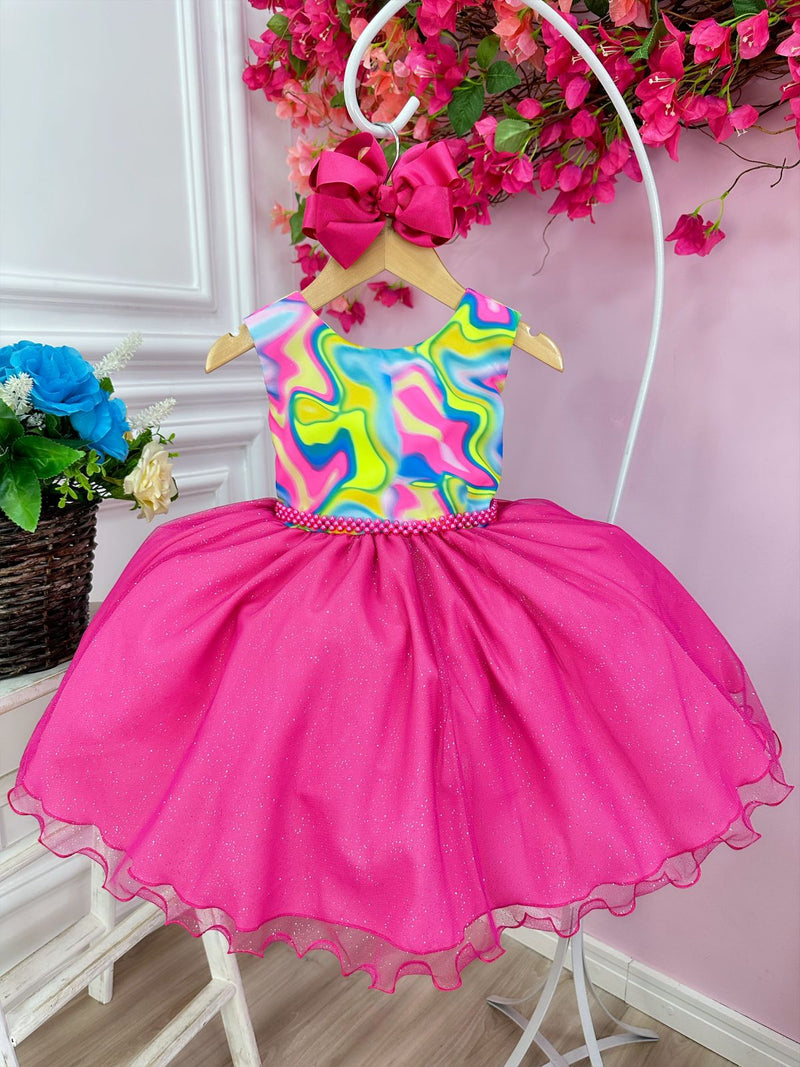 Vestido Infantil Barbie Colorido Neon Saia Rosa e Glitter