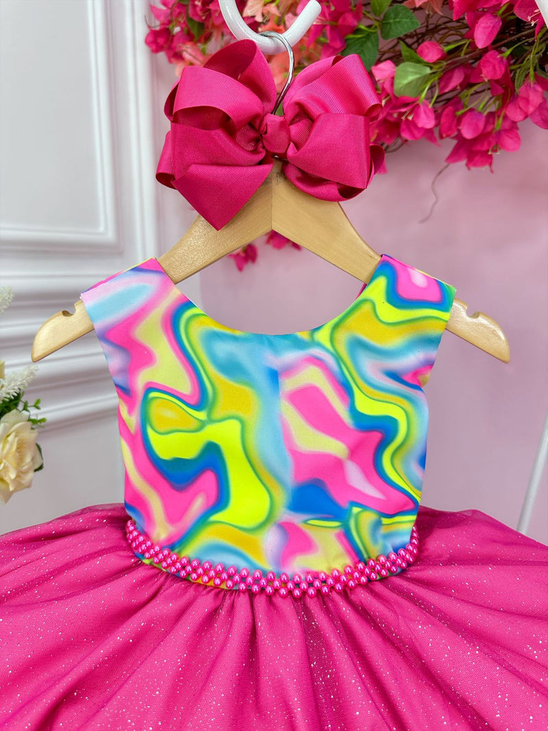 Vestido Infantil Barbie Colorido Neon Saia Rosa e Glitter