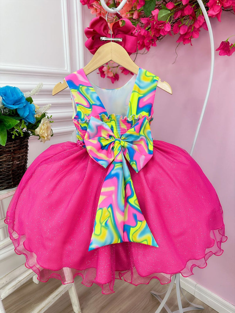 Vestido Infantil Barbie Colorido Neon Saia Rosa e Glitter