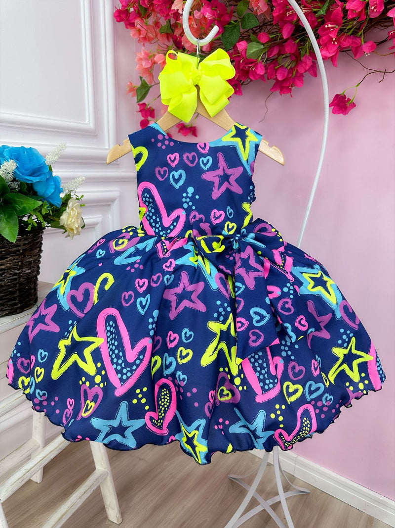 Vestido Infantil Barbie Azul Marinho Neon C/ Broche de Laço (1219AM)