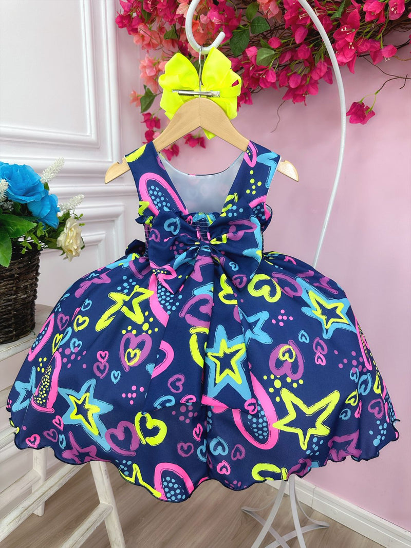 Vestido Infantil Barbie Azul Marinho Neon C/ Broche de Laço (1219AM)