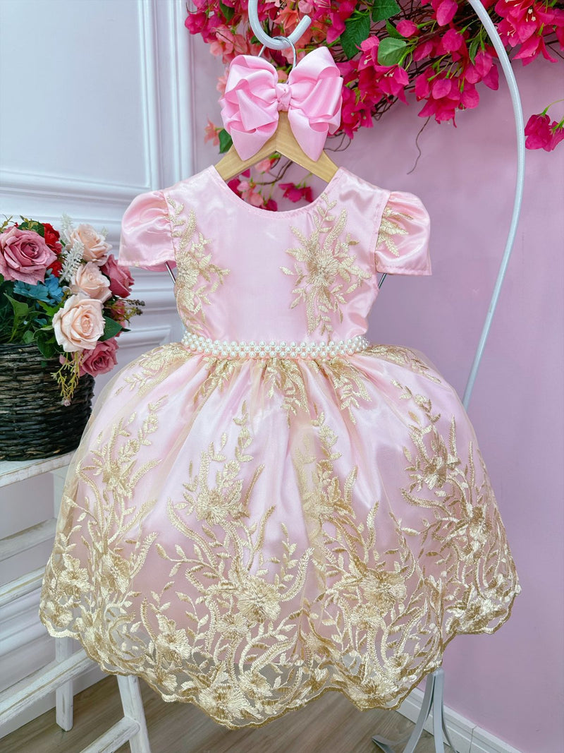 Vestido Infantil Rosa C/ Renda Realeza e Cinto de Pérolas