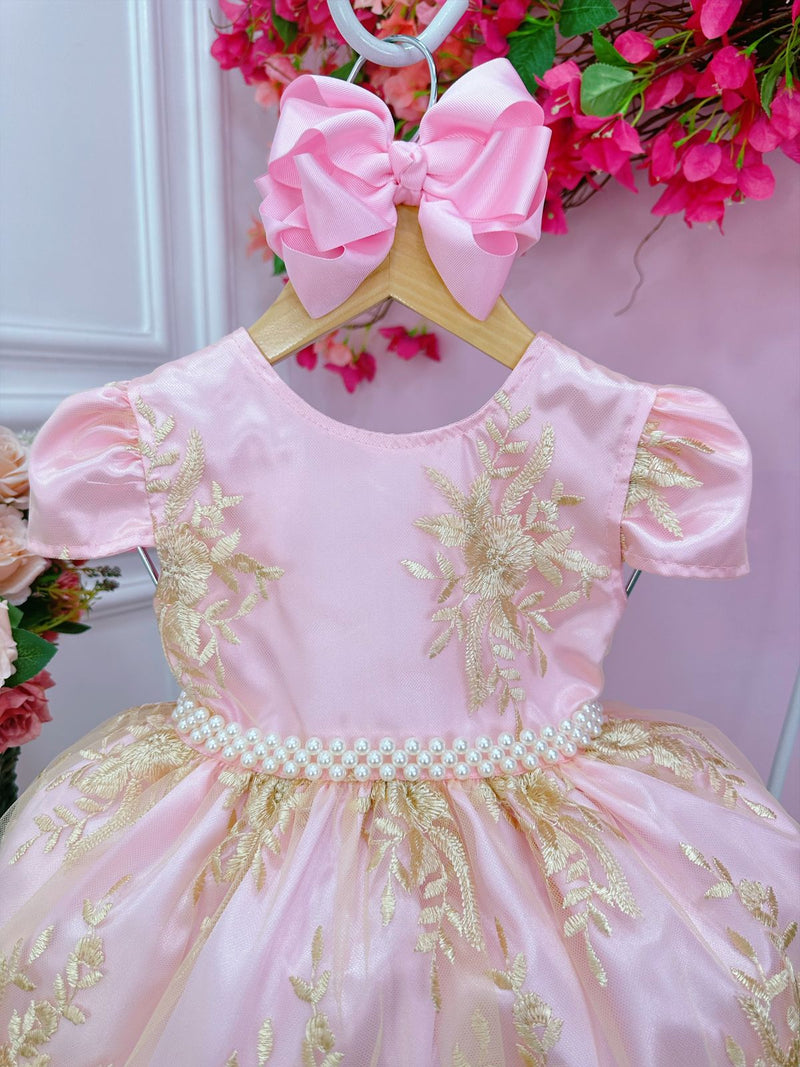 Vestido Infantil Rosa C/ Renda Realeza e Cinto de Pérolas