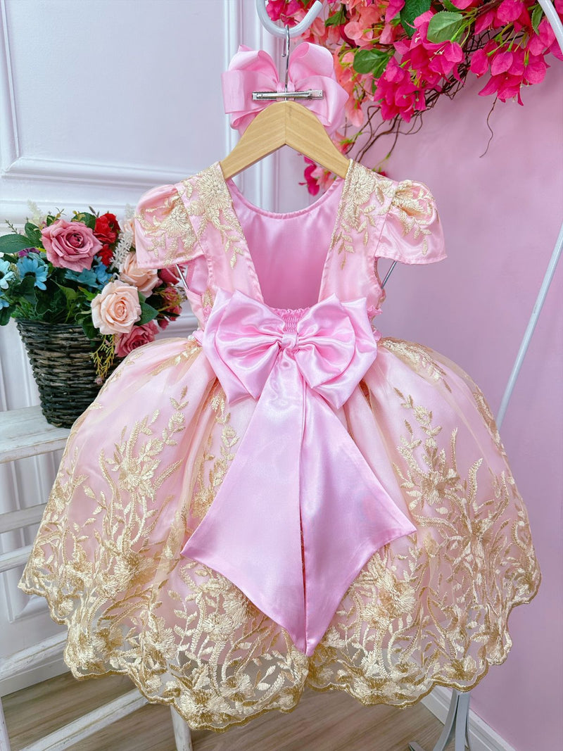 Vestido Infantil Rosa C/ Renda Realeza e Cinto de Pérolas