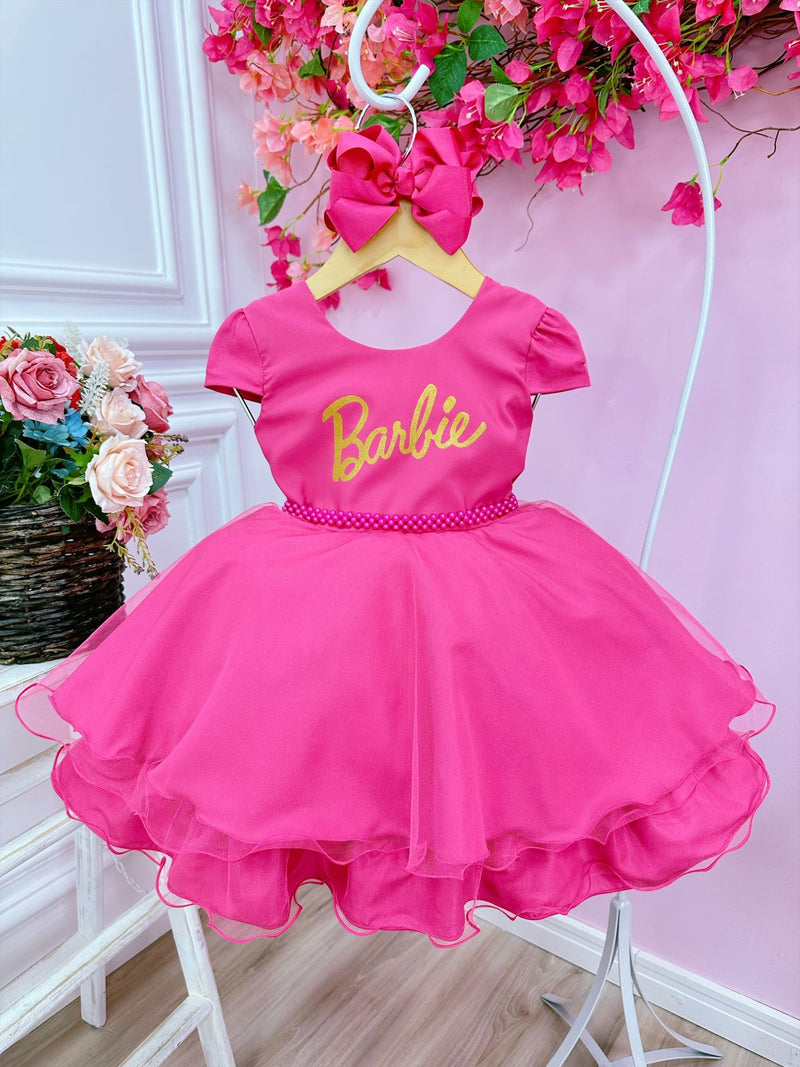 Vestido Infantil Barbie Luxo Rosa Com Cinto de Pérolas (0094PK)