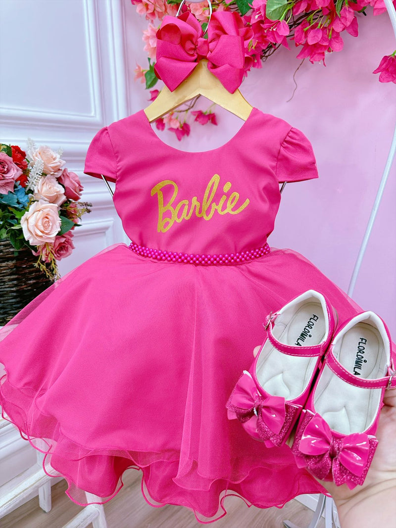 Vestido Infantil Barbie Luxo Rosa Com Cinto de Pérolas (0094PK)