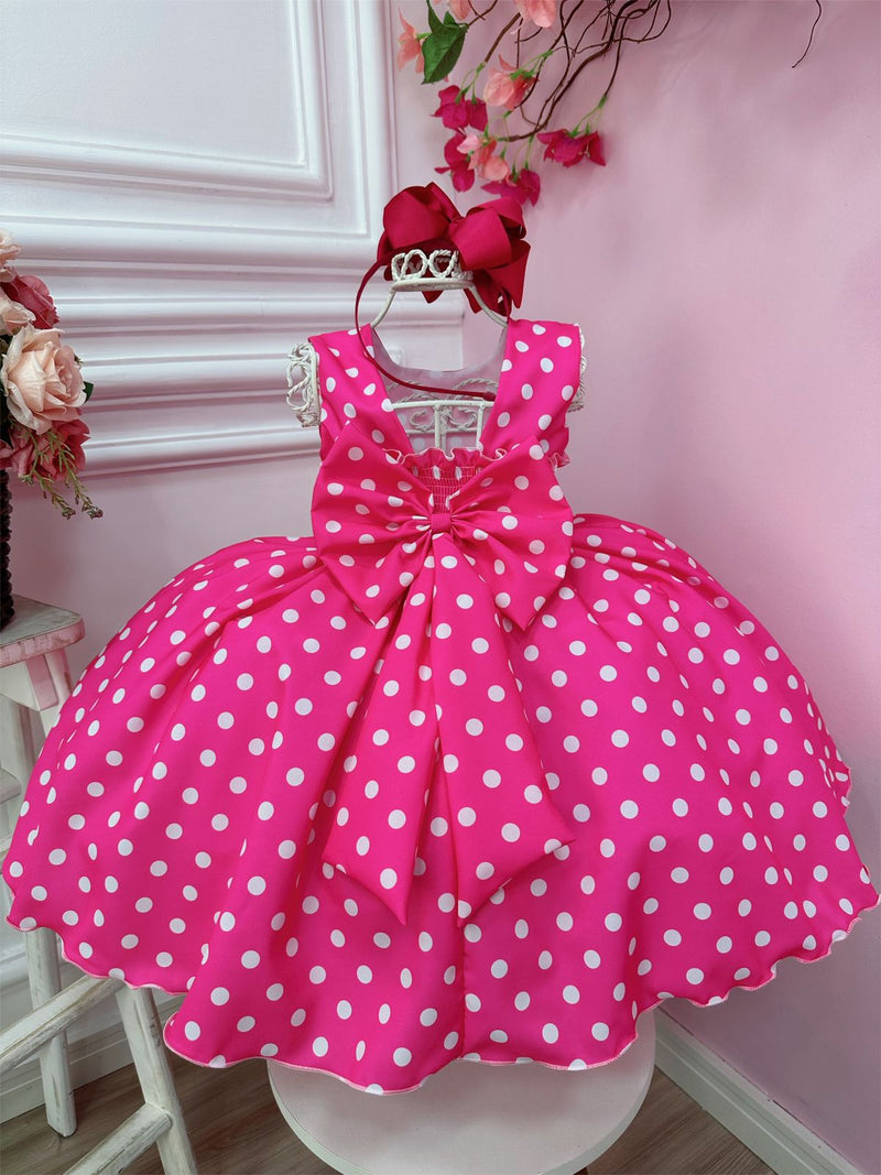 Vestido Infantil Barbie Rosa Chiclete C/ Bolinhas Brancas