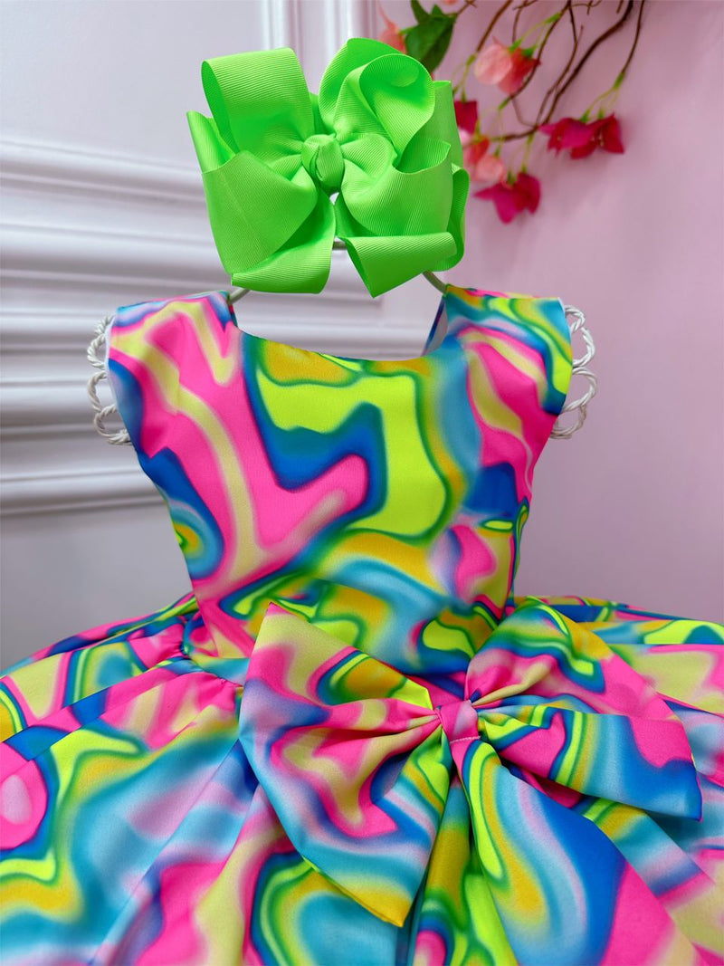 Vestido Infantil Barbie Colorido Neon C/ Broche de Laço