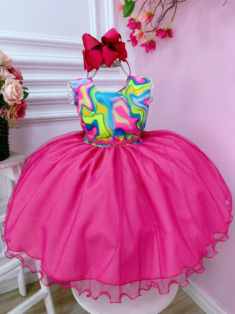 Vestido Infantil Barbie Colorido Neon Saia Rosa e Glitter