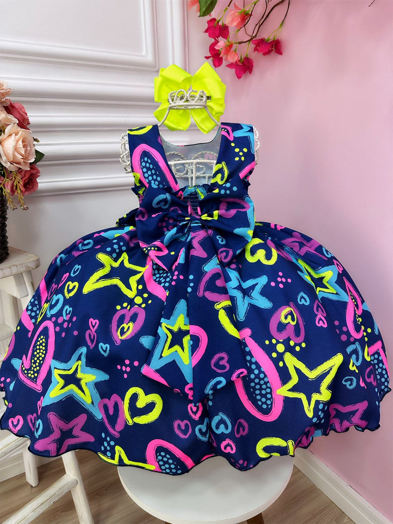 Vestido Infantil Barbie Azul Marinho Neon C/ Broche de Laço (1219AM)